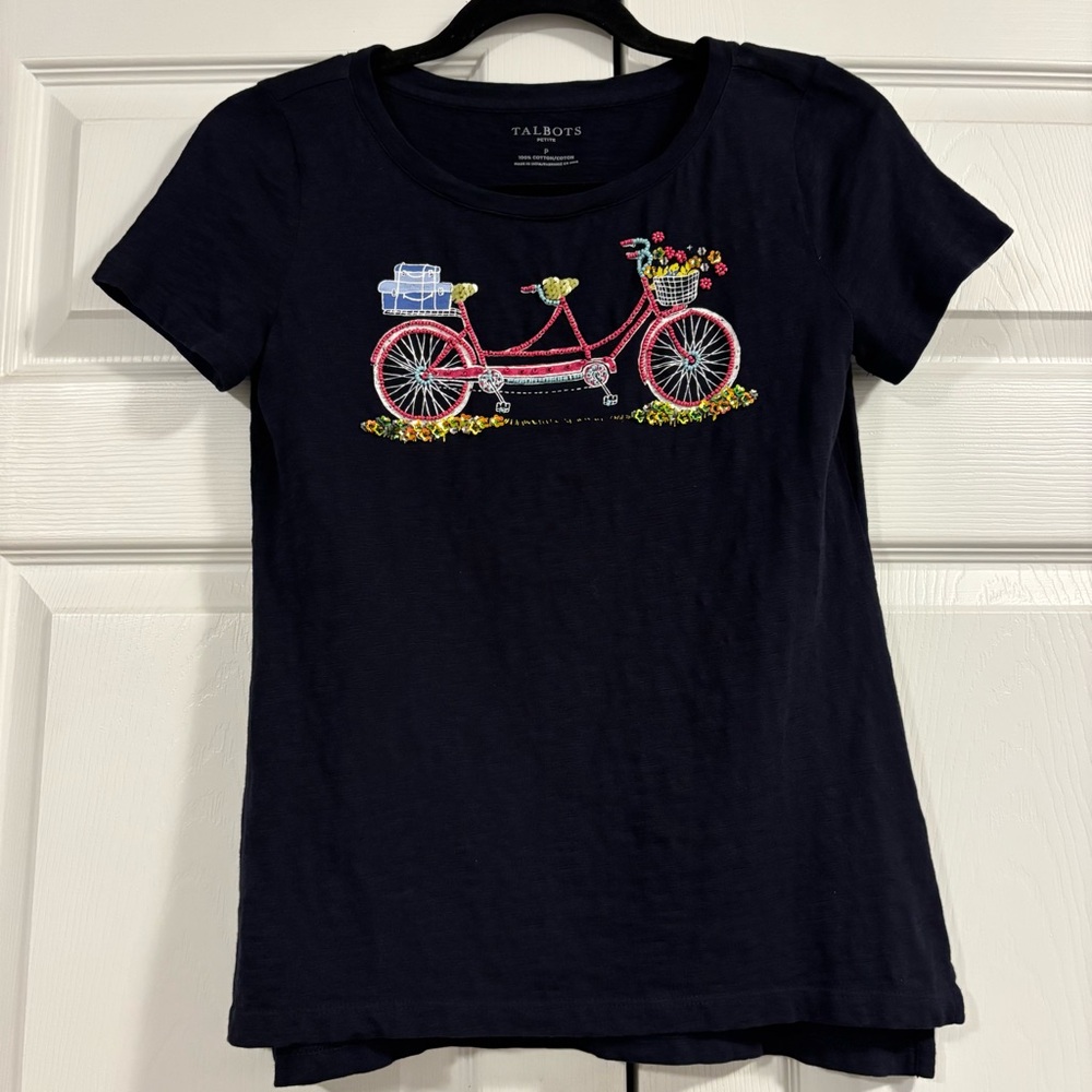 Navy Blue Talbots Women’s Whimsical Beaded Bicycle Tee